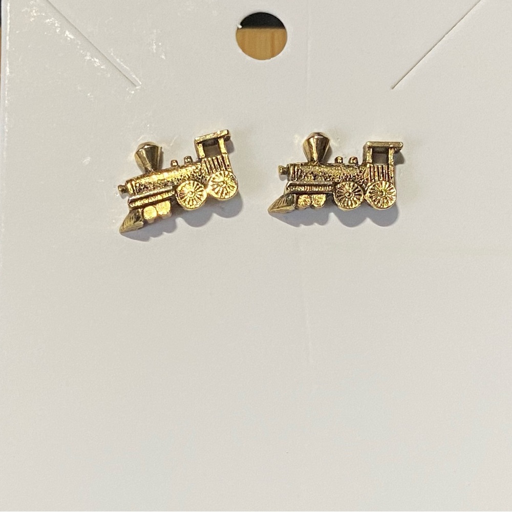 Vintage Gold Plated Christmas Steam Train Stud Earrings